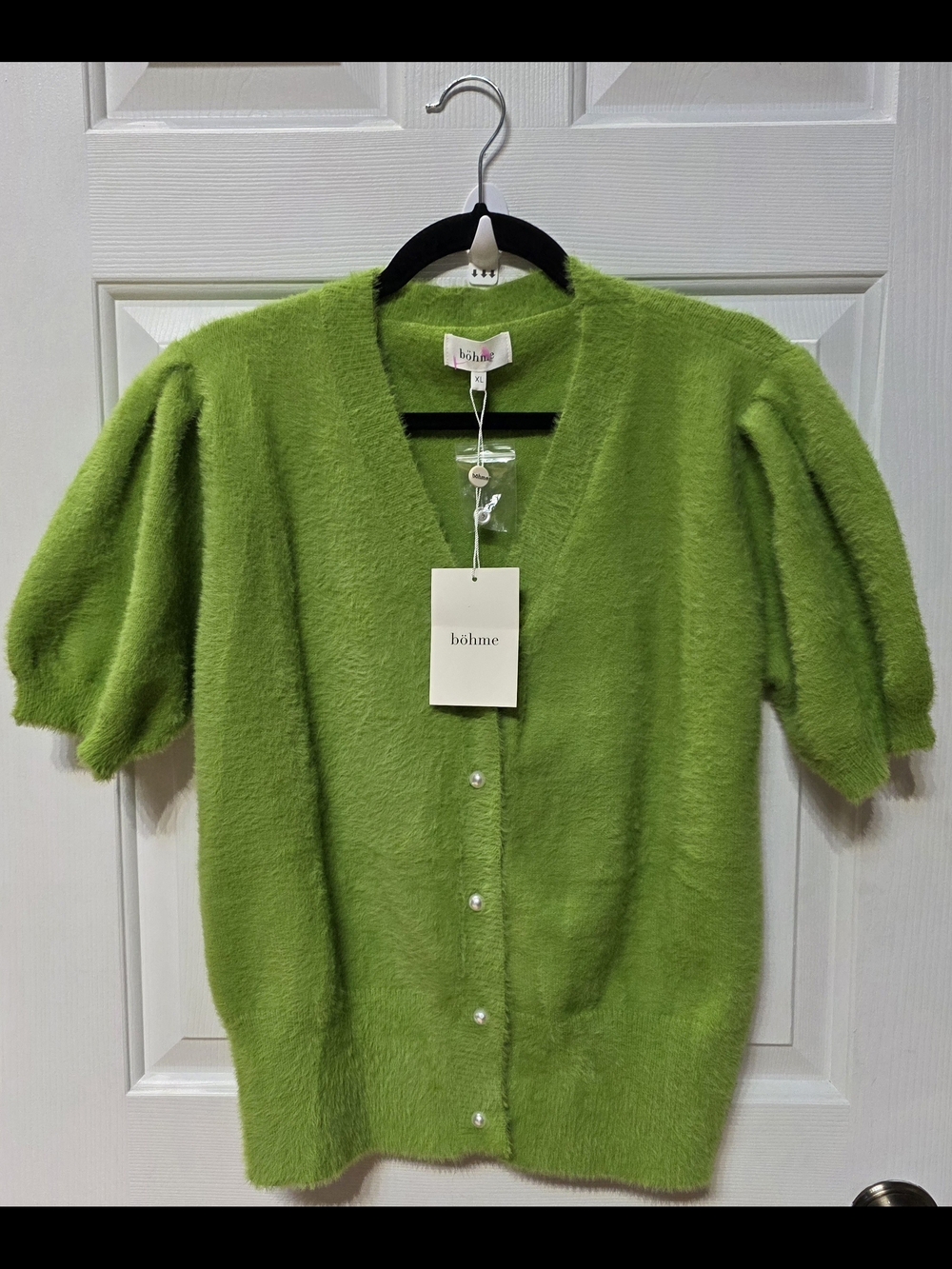 Bohme Green V-Neck Puff Sleeve Button Cardigan Size Xl NWT